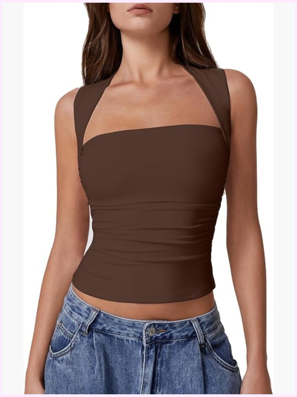 Slim Fit Square Neck Tank Top - Nylon Blend, Ruching, Sleeveless